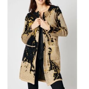 Angeleno Abstract Print Fuzzy Trim Open Front Long Cardigan Sweater Women L